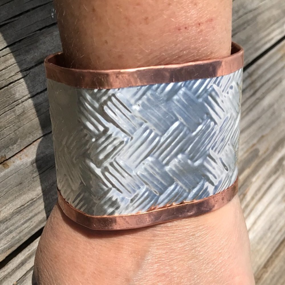 Woven Weave Embossed Sterling Silver 925 Copper Cuff Wide Rustic Handmade - Picture 5 of 13